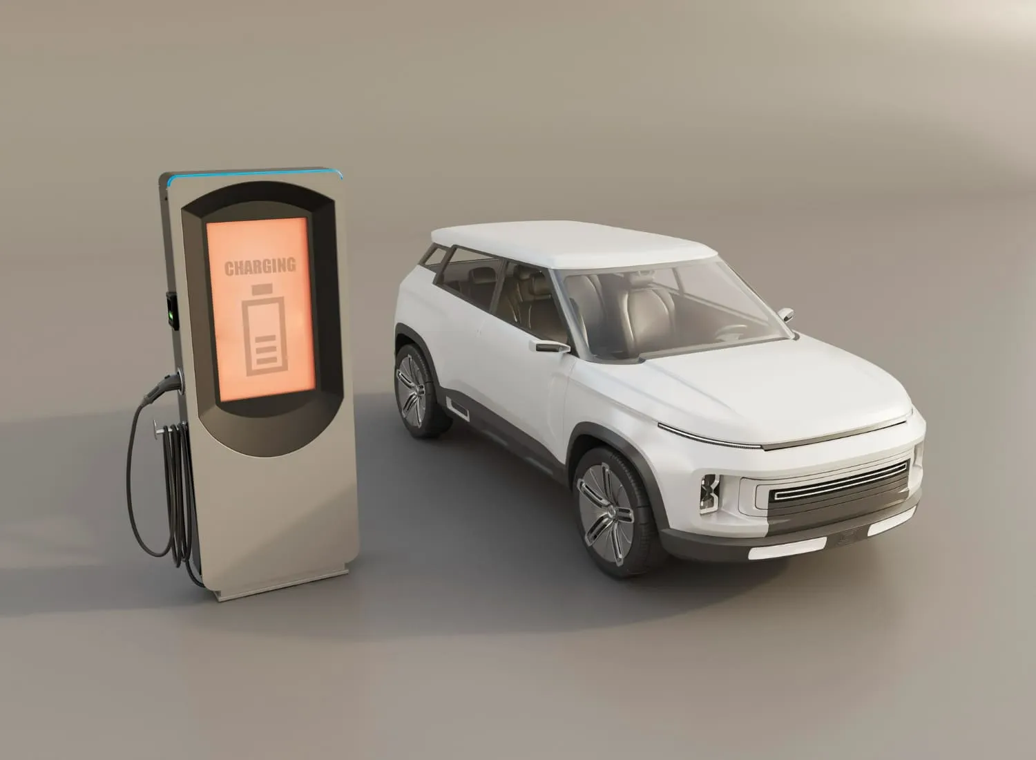 一輛白色電動車停在充電站旁，充電樁螢幕顯示正在充電。