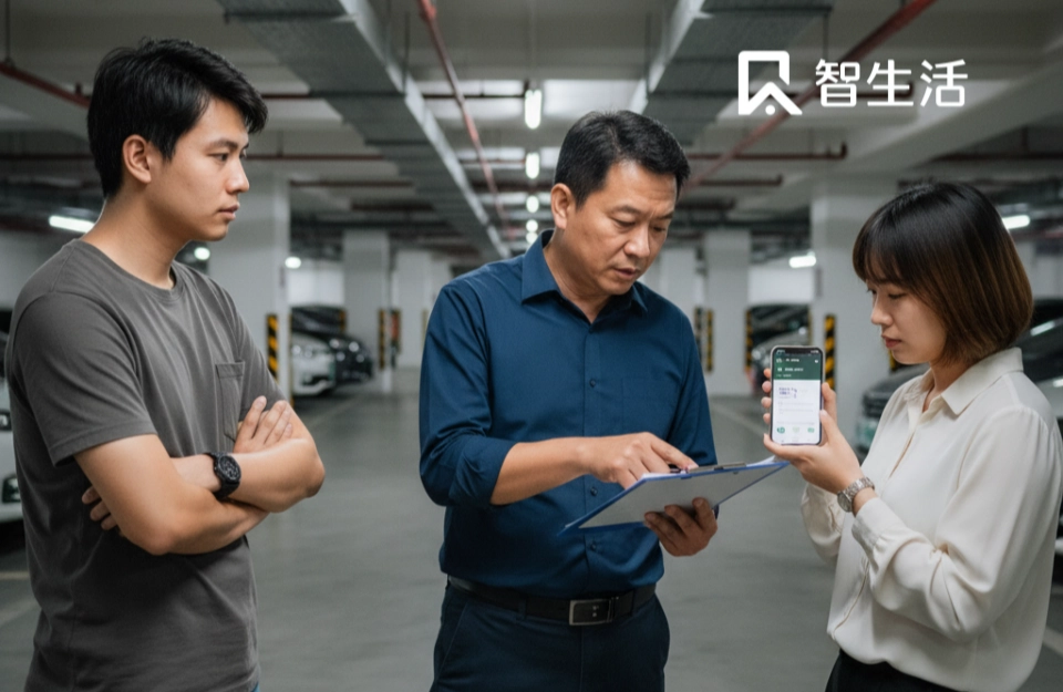 台灣社區地下停車場，一位中年委員手持文件，向兩位年輕住戶解釋安裝電動車充電樁的挑戰與高額費用，住戶對此感到焦慮.