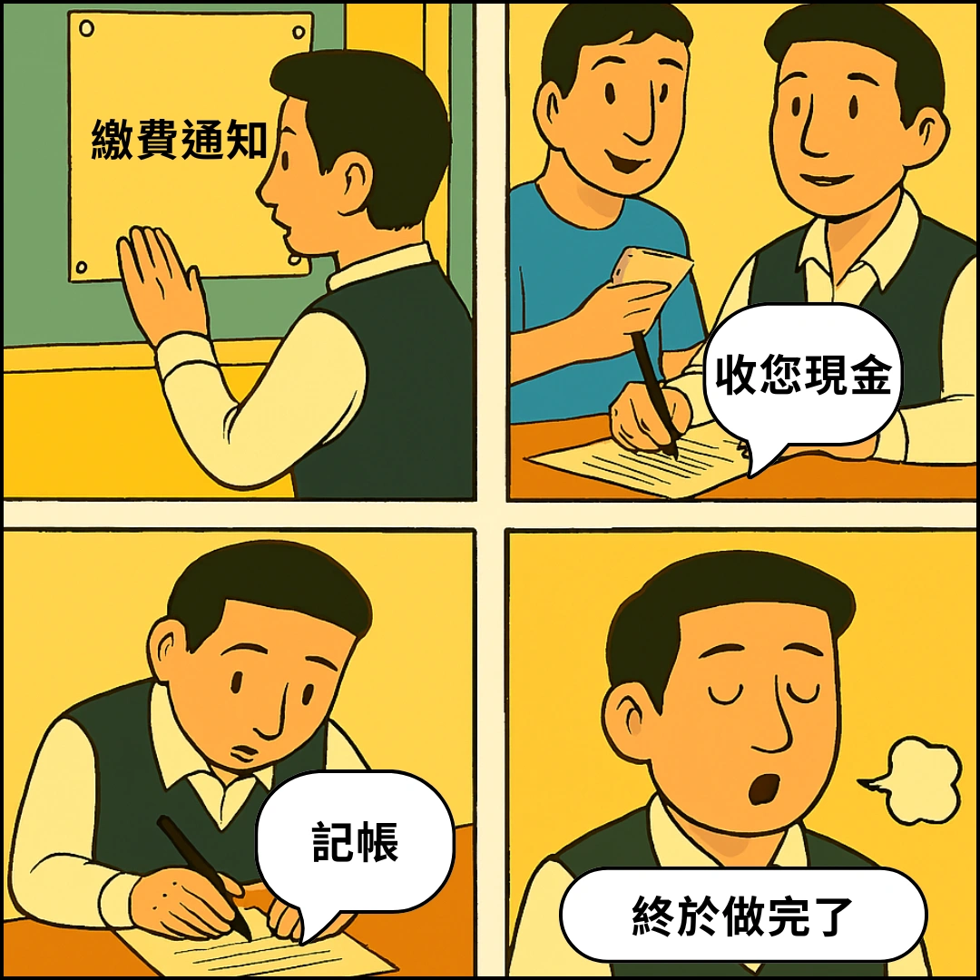 人工模式下，管理費收費流程：繳費通知、收現金、記帳