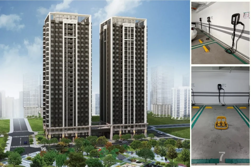 Image showcases the high-rise buildings of 新竹興希望社區, surrounded by lush greenery and modern infrastructure. The side panels display dedicated parking spaces equipped with public charging stations, highlighting the integration of EV-friendly technology within the community under the project 【公共充電樁】成功案例. Image showcases the high-rise buildings of 新竹興希望社區, surrounded by lush greenery and modern infrastructure. The side panels display dedicated parking spaces equipped with public charging stations, highlighting the integration of EV-friendly technology within the community under the project 【公共充電樁】成功案例.
