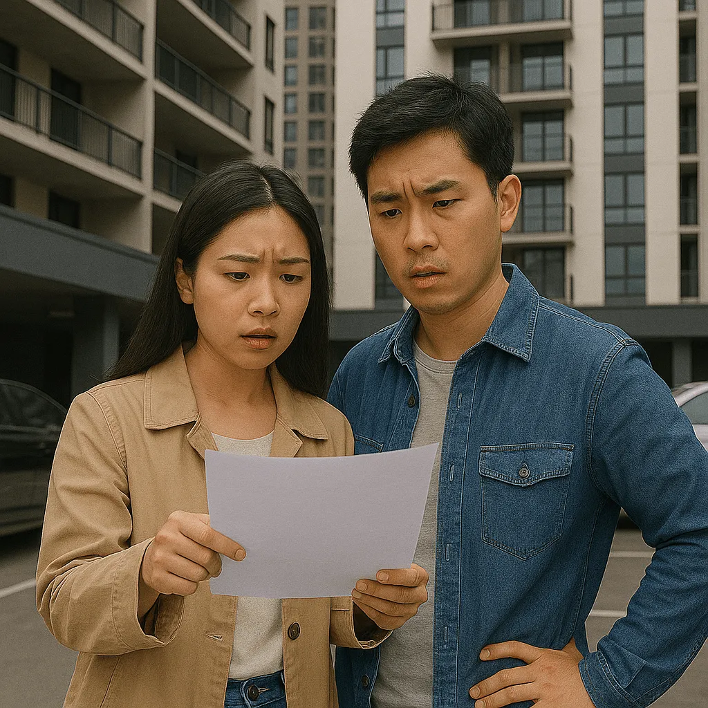 一對年輕亞洲夫妻站在社區大樓前,神情疑惑地查看手上的文件